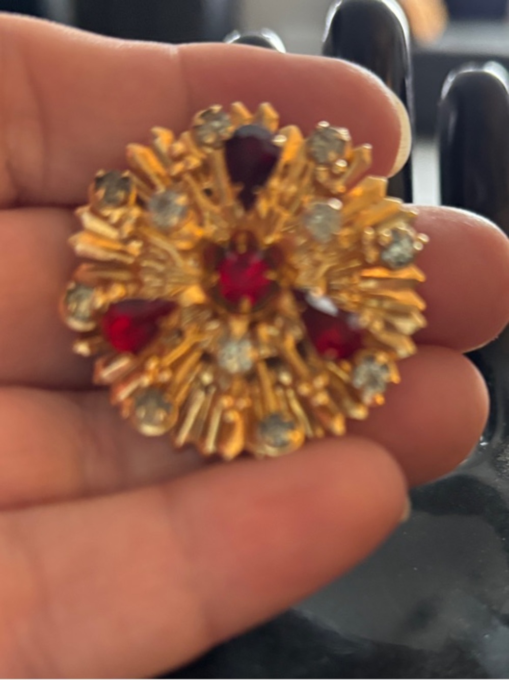 Gold Floral Cluster brooch with Red and Clear Stones